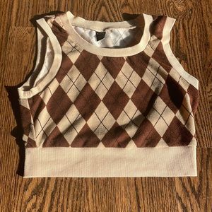 Brown and Cream Argyle Plaid Print Cropped Sweater Vest